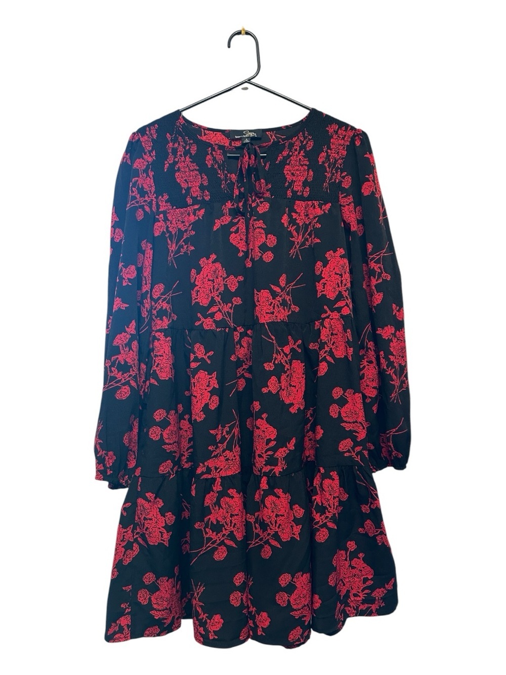 Suzanne Betro Black Dress with Red Floral Print - Long Sleeve Size Small
